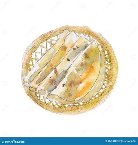 The National Dish Roti Isolated on White Background, Watercolor ...