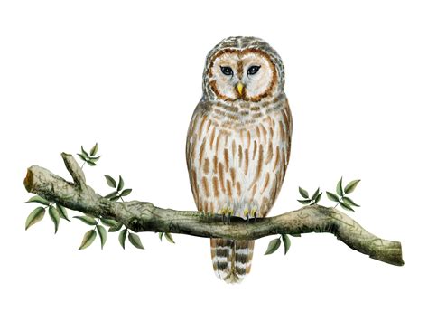 Striped Barred White And Brown Owl Sitting On Tree Branch With Green