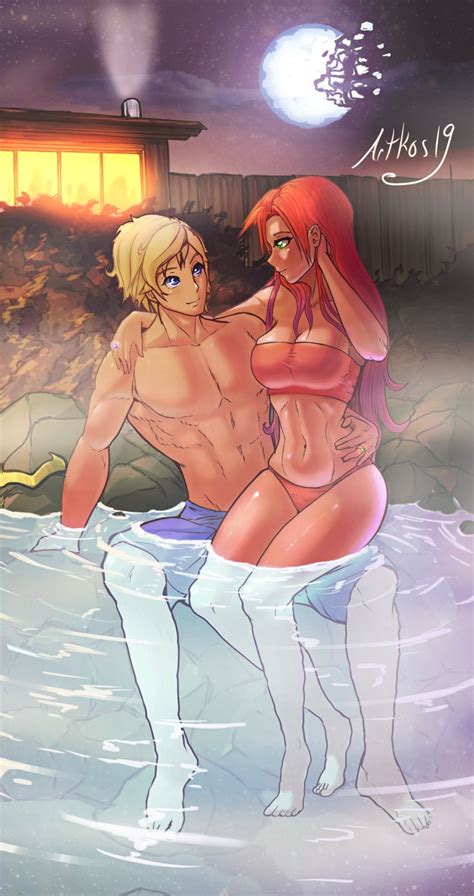 Rule 34 Artkos19 Bikini Blonde Hair Blue Eyes Couple Green Eyes Hot Spring Jaune Arc Male