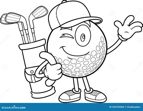 Outlined Smiling Golf Ball Cartoon Character Holding Golf Bag And