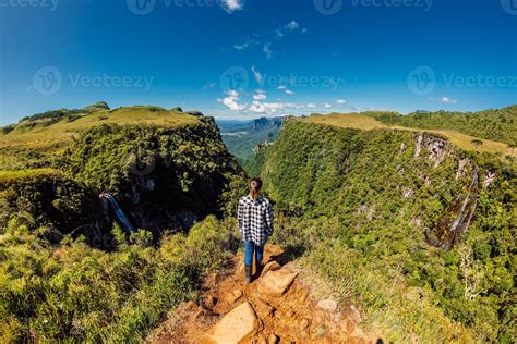 Hiker Woman Staying On Cliff In Espraiado Canyon Park In Santa Catarina