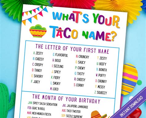 Whats Your Taco Name Game With Nametags And Sign Taco Party Game