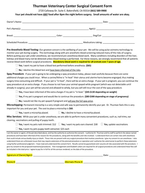 Fillable Online Thurman Veterinary Center Surgical Consent Form Fax