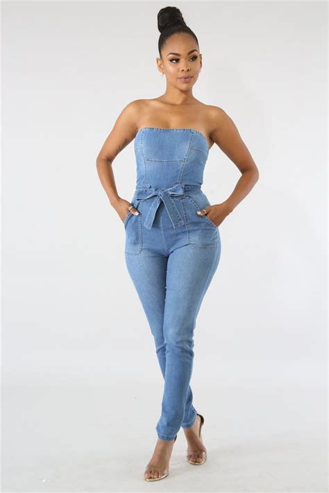 Strapless Denim Stretch Jumpsuit With Tie Belt Affordable Fashion Clothes Fashion Cheap