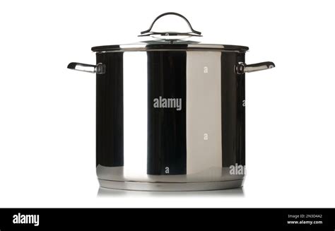 Large Stainless Steel Cooking Pot With Glass Lid Side View Over White