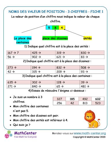 CE2 Fiches de travail Valeur de position à trois chiffres Math Center