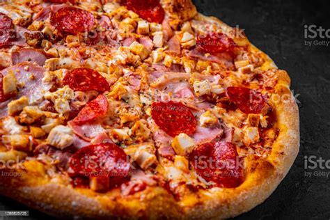 Pizza With Mozzarella Cheese Salami Chicken Meat Bacon Ham Tomato Sauce