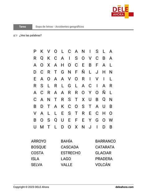 Sopa de letras Accidentes geográficos Vocabulario