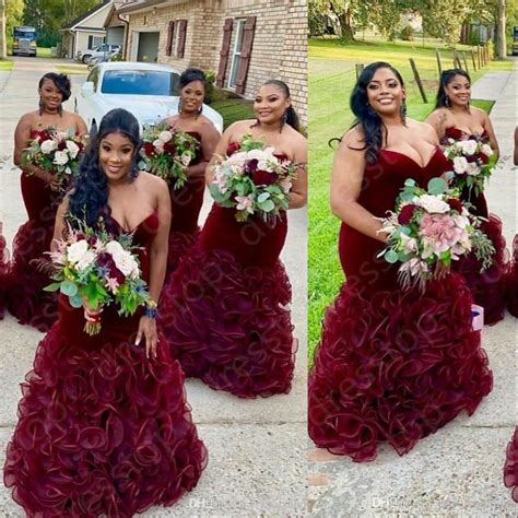 Burgundy Velvet African Mermaid Tiered Bridesmaid Dress With Sweetheart