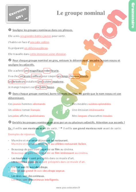 Le Groupe Nominal Fiches Nom Adjectif Exercices R Visions Eme