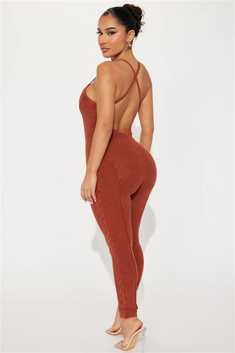 Miranda Mineral Wash Rib Jumpsuit Rust Fashion Nova Jumpsuits