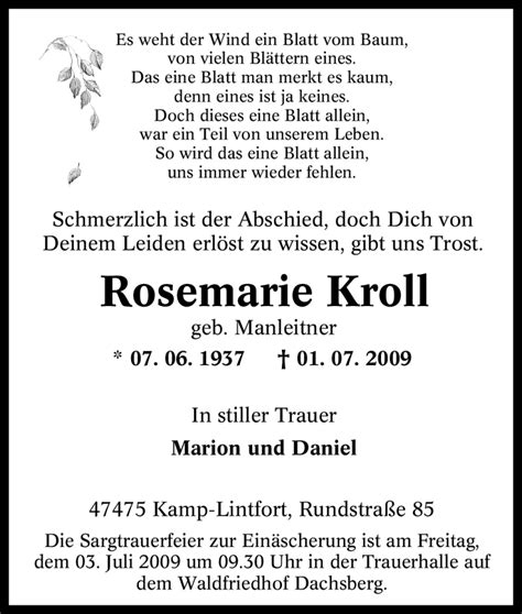 Traueranzeigen Von Rosemarie Kroll Trauer In Nrw De