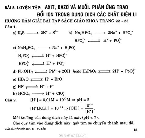 Giải Hóa 11 Bài 5 Luyện Tập Axit Bazơ Và Muối Phản ứng Trao đổi Ion Trong Dung Dịch Các