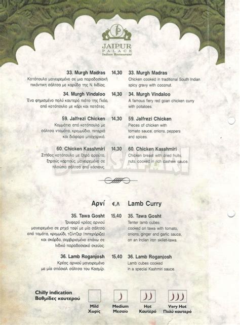 Menu Jaipur Palace