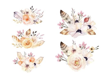 Ensemble De Bouquets De Fleurs Vintage Aquarelle Boho Fleurs De