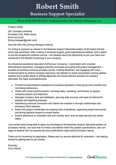 Business Support Specialist Cover Letter Examples Qwikresume