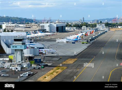 Lineup of Boeing 737 at Boeing Field in Seattle. Multiple 737s at King County International ...