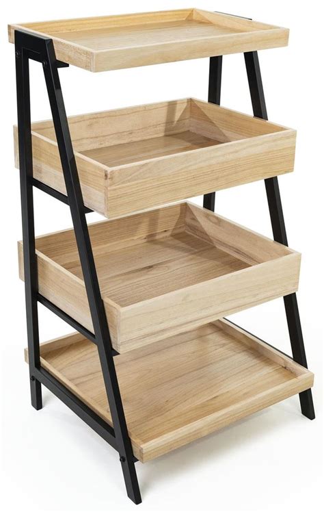 Three Tiered Wooden Shelf With Black Metal Legs And Wood Trays On Each Side