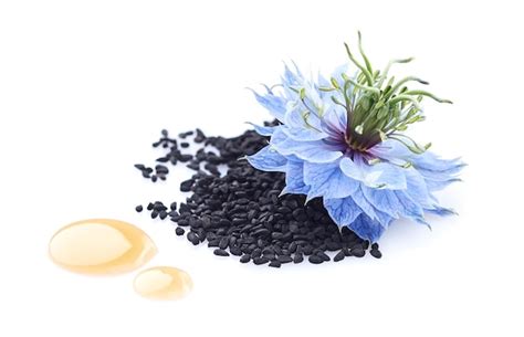 Semillas De Comino Negro Y Aceite De Gota Con Flor De Nigella Sativa