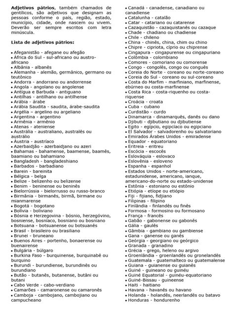 Adjetivos Patrios E Compostos - Lista de Adjetivos Pátrios e Compostos | PDF | Línguas faladas na ...