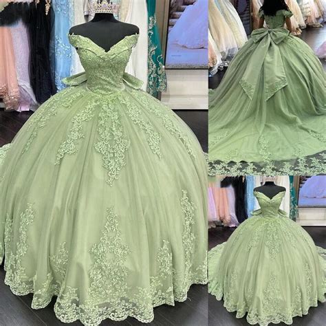 Lace Sage Green Quinceanera Dresses Applique Off Shoulder Sweet