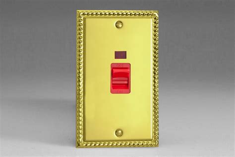 Varilight Classic 45a Cooker Switch Neon Vertical Twin Plate Red Rocker Red Georgian Brass