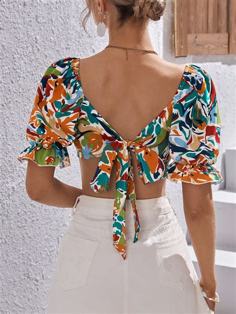 SHEIN VCAY Top Crop Con Estampado De Cuello Cuadrado De Manga Farol