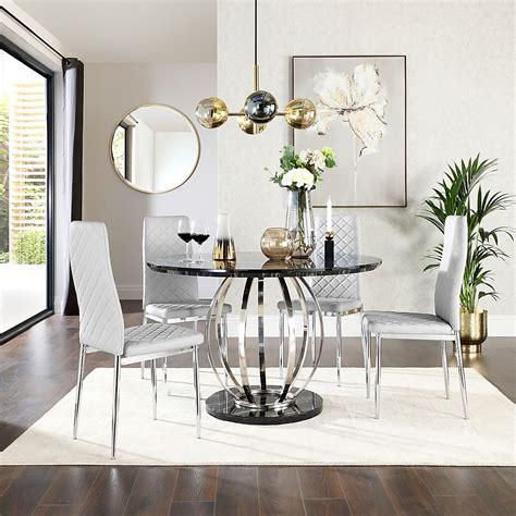 Savoy Round Dining Table Renzo Chairs Black Marble Effect Chrome