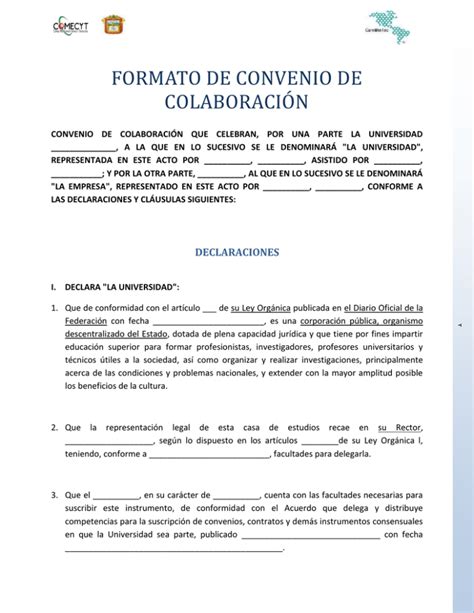 Formato De Convenio De Colaboraci N