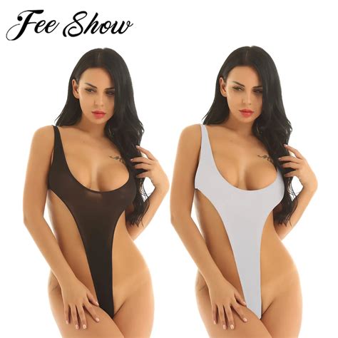 Feeshow Women Sexy Silky See Through Sheer Lingerie Bodysuits Deep