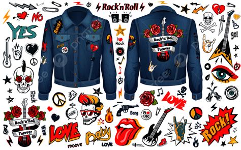 Rock N Roll Theme Set Of Stripes On Jacket With Skull Stamp Symbols Guitar Png And Vector