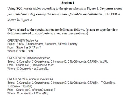 Solved Section 1 Using Sql Create Tables According To The