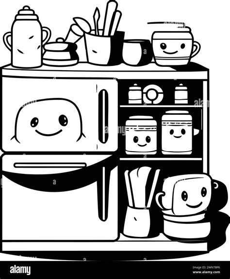 Black and white illustration of a refrigerator with kitchen utensils Stock Vector Image & Art ...