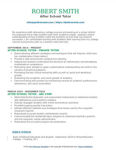 After School Tutor Resume Samples Qwikresume