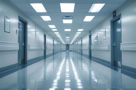 A Long Hallway With White Walls And Blue Doors Stock Illustration