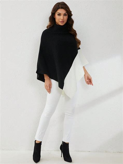 Color Block Turtleneck Poncho Sweater SHEIN USA