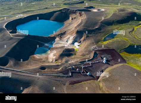 Aerial view, Stora Víti crater lake at the Krafla volcano, part of the ...