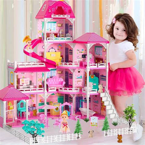 Dollhouses Housetoys Furniture Pink Girl Toys 4 Stories 10 Rooms Dreamhome With 2