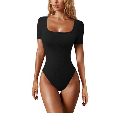 Womens Bodysuits Sexy Ribbed One Piece Square Neck Short Sleeve