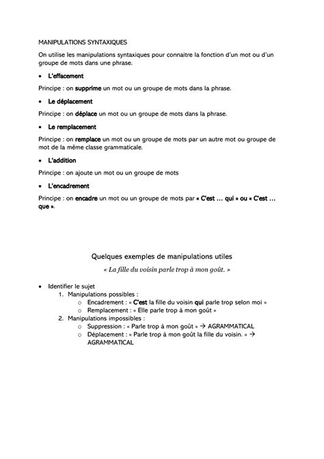 Module 1 Analyse Syntaxique Correction MANIPULATIONS SYNTAXIQUES On