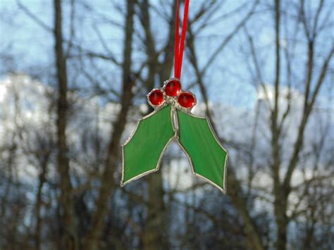 Christmas Holly Leaves And Berries Stained Glass Suncatcher Etsy