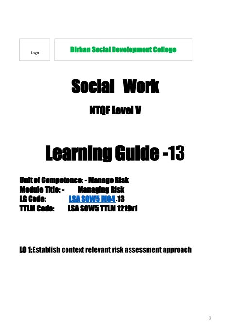 04 Learning Guides For Managing Risk Social Work Ntqf Level V