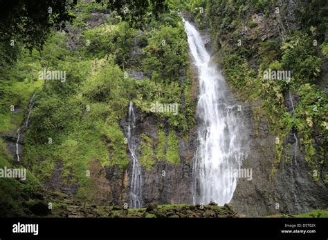 Three Waterfalls Cascades De Faarumai At Haapupuni Tahiti Stock