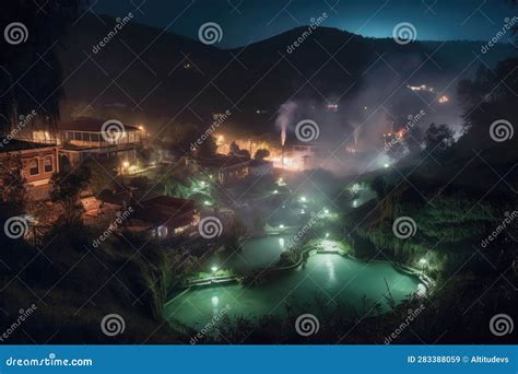 Nighttime View Of Hot Springs With Glowing Steam Stock Image Image Of