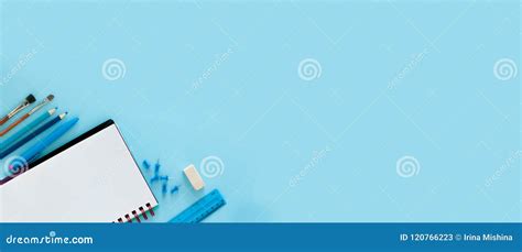 Blue Background and Blue School Supplies. Back To School Stock Image - Image of office, note ...