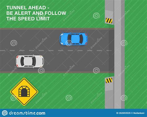 Tunnel Ahead Warning Road Or Traffic Sign Back View Of A Cornering Or