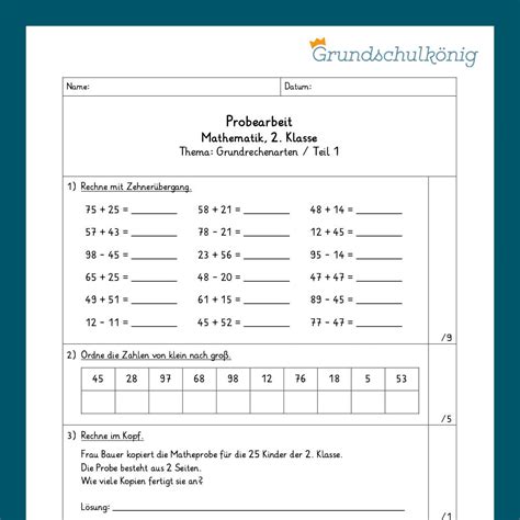 Mathe 2 Klasse Zwei Proben Grundrechenarten Im Zr 100 Grundschulkönig Gmbh