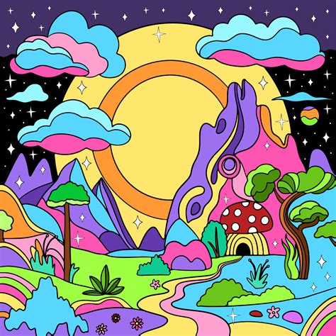 Retro Psychedelic Groovy Landscape Vintage Hippie Background 20929195