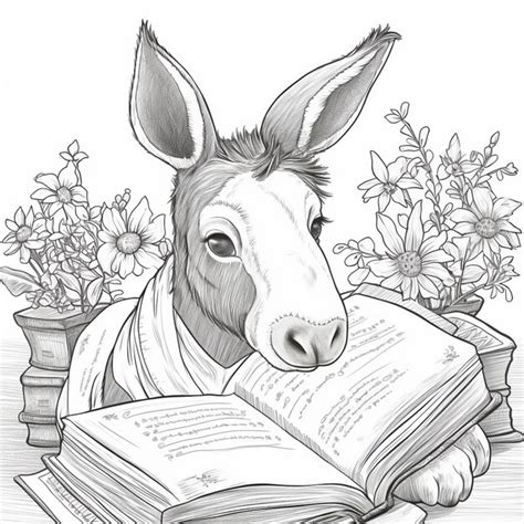 Un Dibujo De Un Burro Leyendo Un Libro Con Flores De Fondo Ai