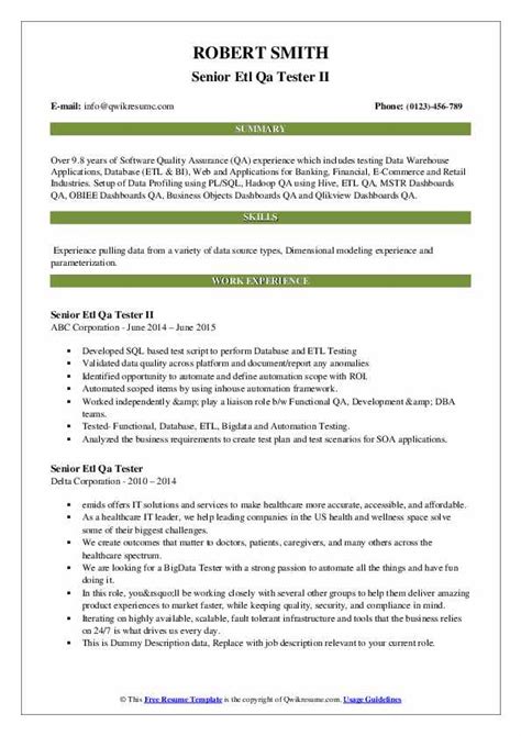 Senior Etl Qa Tester Resume Samples Qwikresume